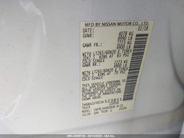 1N6BA1F40JN523851 Nissan Titan Xd Sv Diesel