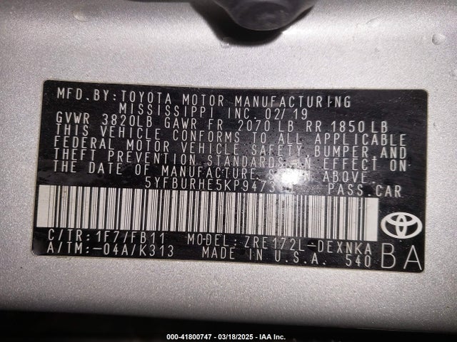 5YFBURHE5KP947349 Toyota COROLLA LE