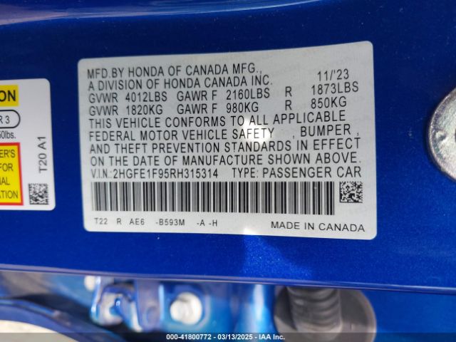 2HGFE1F95RH315314 Honda Civic Touring