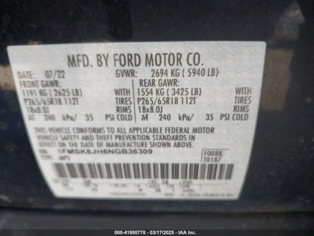 1FMSK8JH6NGB36309 Ford Explorer Timberline