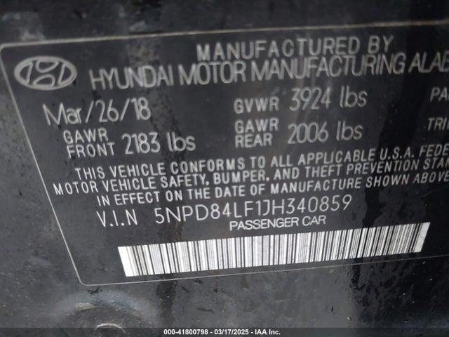 5NPD84LF1JH340859 Hyundai ELANTRA SEL