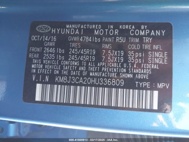 KM8J3CA20HU336809 Hyundai Tucson Sport