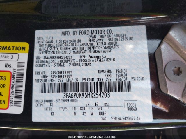 3FA6P0K96HR254203 Ford Fusion Titanium