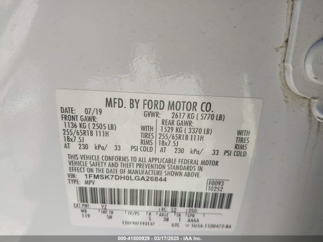 1FMSK7DH0LGA26844 Ford EXPLORER XLT