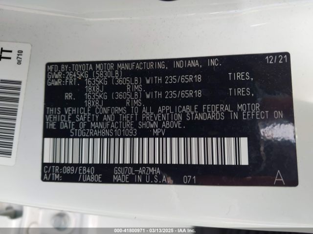 5TDGZRAH8NS101093 Toyota Highlander Xle