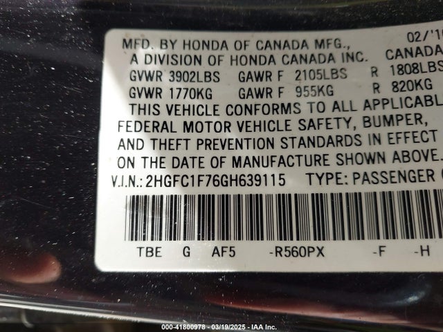 2HGFC1F76GH639115 Honda Civic Ex-l
