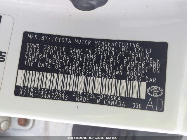 2T1BURHE7EC092576 Toyota Corolla S Premium