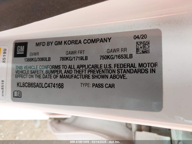KL8CB6SA0LC474168 Chevrolet Spark Fwd Ls Automatic