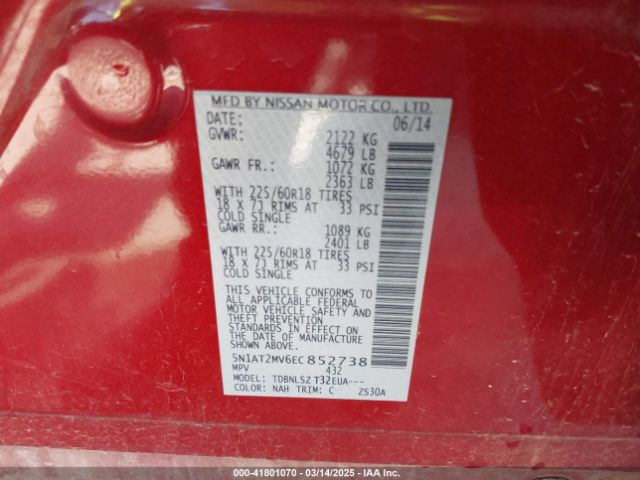 5N1AT2MV6EC852738 Nissan Rogue S/sl/sv