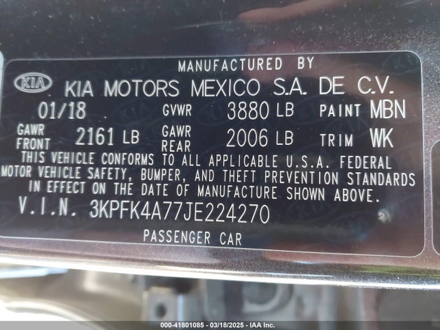 3KPFK4A77JE224270 KIA FORTE LX
