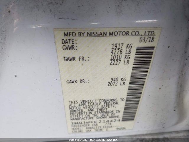 1N4AL3AP4JC214424 Nissan Altima 2.5 Sv