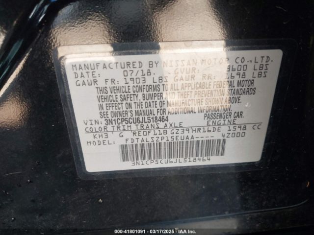 3N1CP5CU6JL518464 Nissan KICKS SV