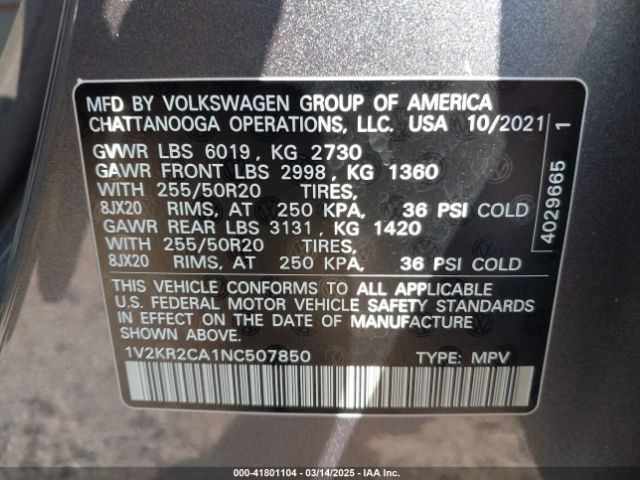1V2KR2CA1NC507850 Volkswagen Atlas 3.6l V6 Se W/technology