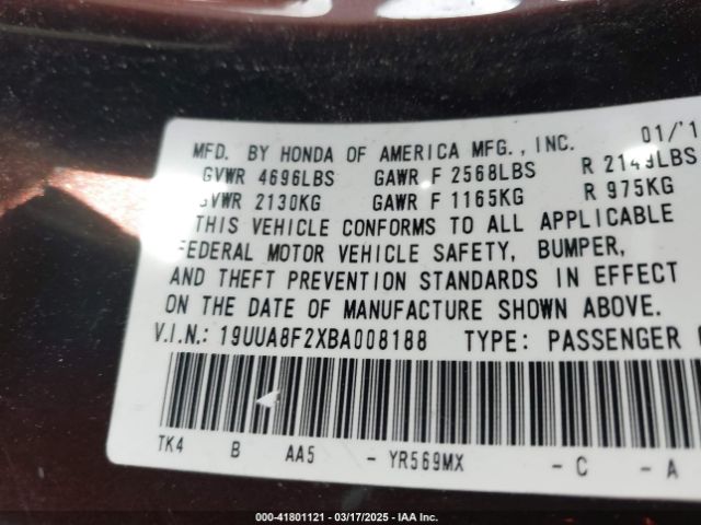 2011 ACURA TL 19UUA8F2XBA008188 Photo 8