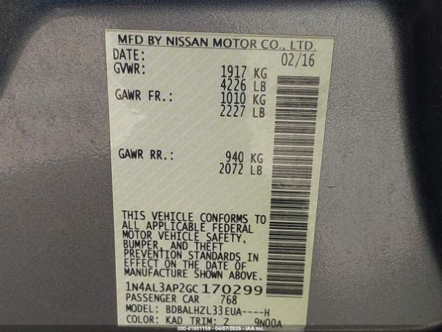1N4AL3AP2GC170299 Nissan Altima 2.5 Sr
