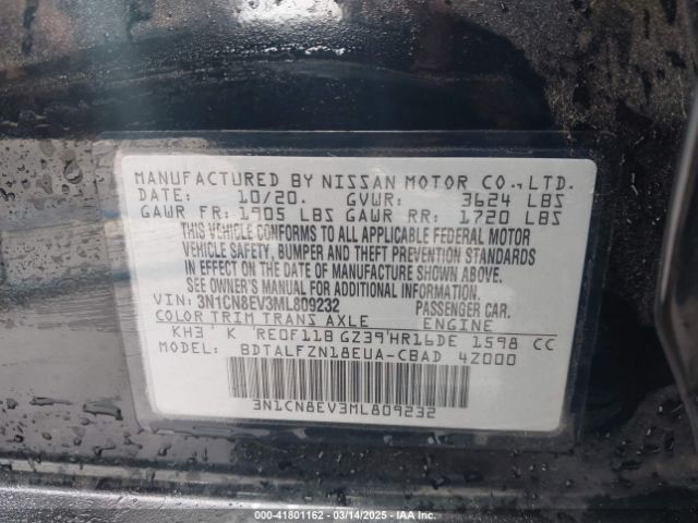 3N1CN8EV3ML809232 Nissan Versa Sv Xtronic Cvt