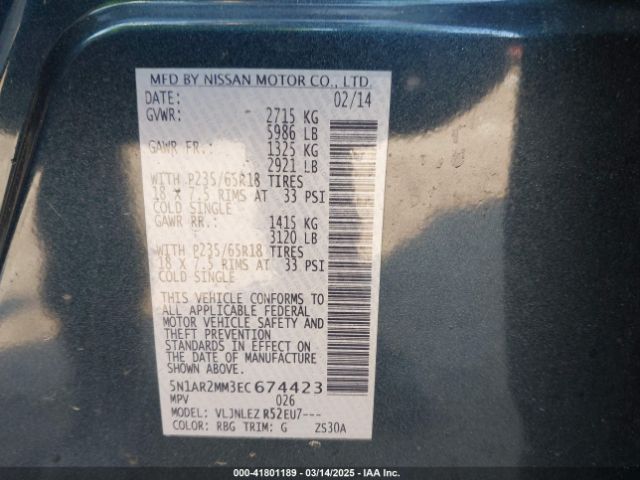 5N1AR2MM3EC674423 Nissan Pathfinder Platinum/s/sl/sv