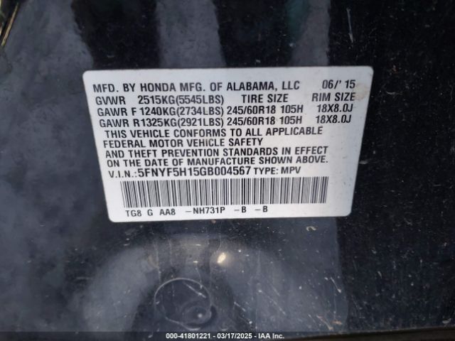 5FNYF5H15GB004567 Honda PILOT LX
