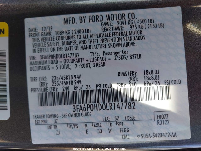 3FA6P0HD0LR147782 Ford FUSION SE