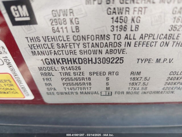 1GNKRHKD8HJ309225 Chevrolet Traverse 2lt