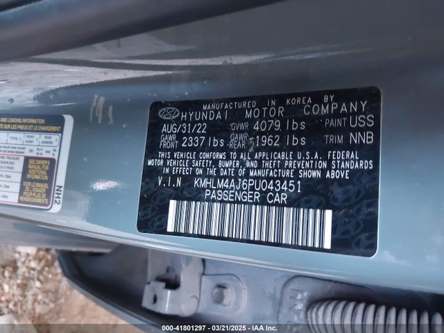 KMHLM4AJ6PU043451 Hyundai Elantra Hybrid Blue