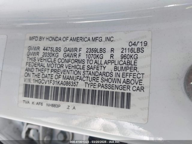 1HGCV1F31KA086357 Honda Accord Sport
