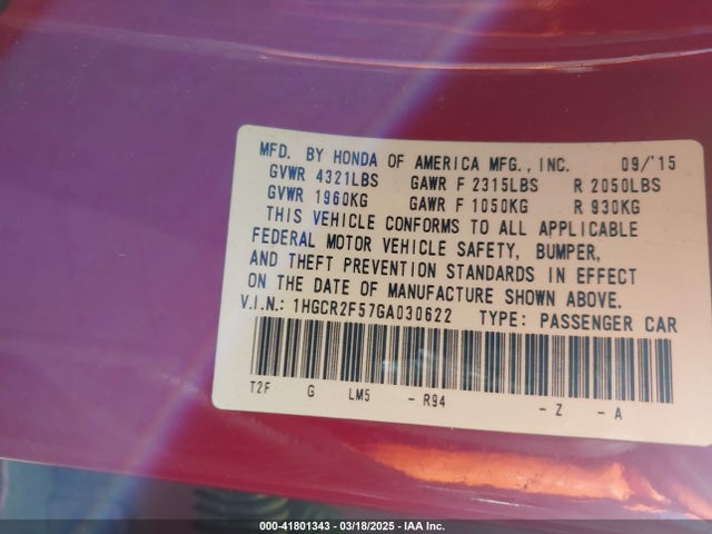 1HGCR2F57GA030622 Honda Accord Sport