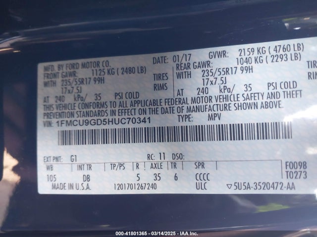 1FMCU9GD5HUC70341 Ford ESCAPE SE