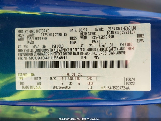 1FMCU9JD4HUE54811 Ford Escape Titanium