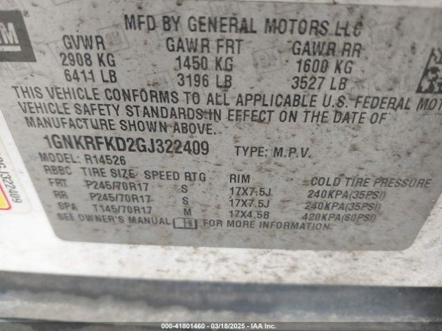 1GNKRFKD2GJ322409 Chevrolet Traverse Ls