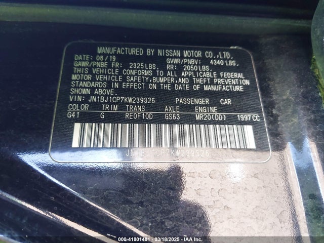 41801481 :رقم المزاد ، JN1BJ1CP7KW239326 vin ، 2019 Nissan Rogue Sport S مزاد بيع