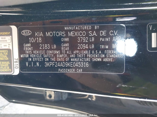 3KPF24AD9KE045316 KIA Forte Lxs