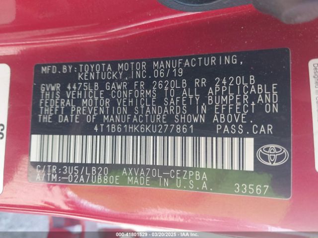 4T1B61HK6KU277861 Toyota CAMRY XSE