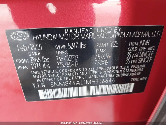 5NMS44AL1MH336646 Hyundai Santa Fe Limited