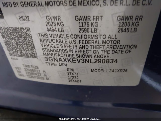 3GNAXKEV3NL290834 Chevrolet Equinox Fwd Lt