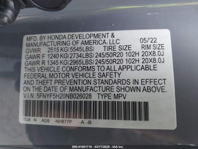 5FNYF5H20NB026028 Honda Pilot 2wd Special Edition