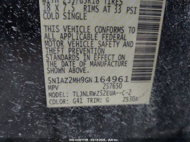 5N1AZ2MH9GN164961 Nissan MURANO SL