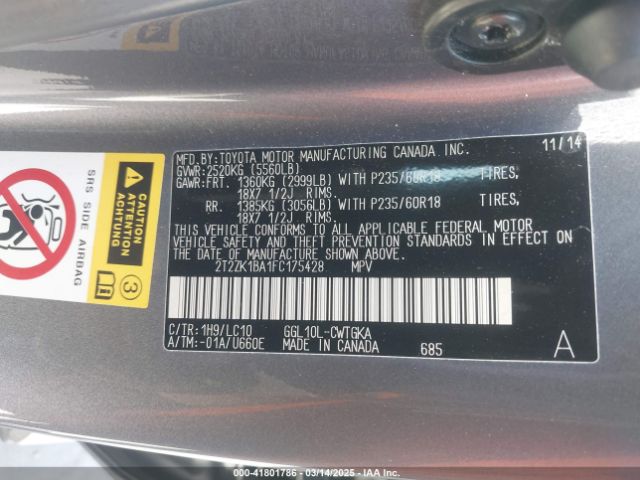 2T2ZK1BA1FC175428 Lexus RX 350