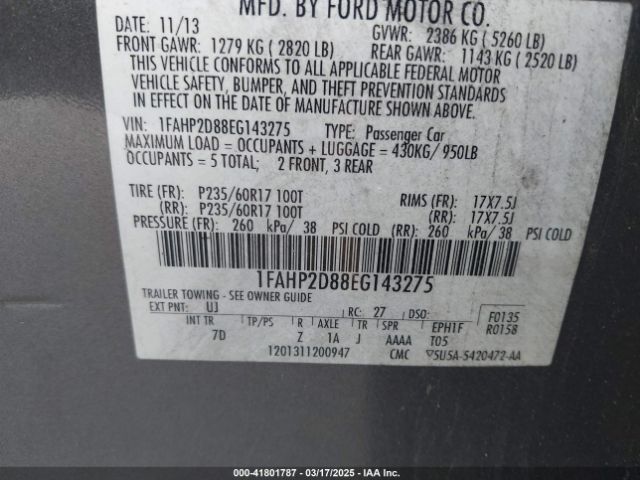 1FAHP2D88EG143275 Ford TAURUS SE