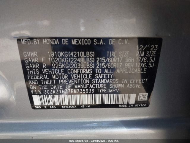 3CZRZ1H37RM735936 Honda Hr-v 2wd Lx