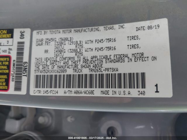 5TFAX5GN1KX162809 Toyota Tacoma Sr5