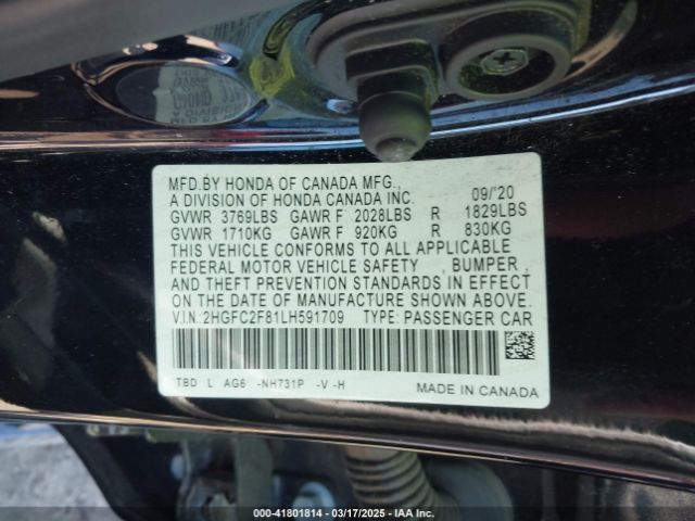 2HGFC2F81LH591709 Honda Civic Sport