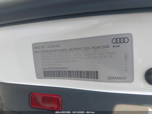WAUABCF5XMA008431 Audi A5 Sportback Premium 40 Tfsi Quattro S Tronic