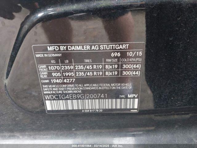 WDCTG4EB9GJ200741 Mercedes-Benz GLA 250