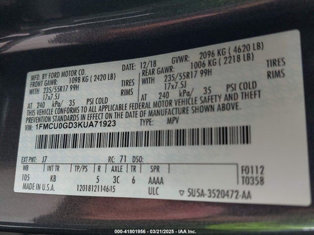 1FMCU0GD3KUA71923 Ford ESCAPE SE