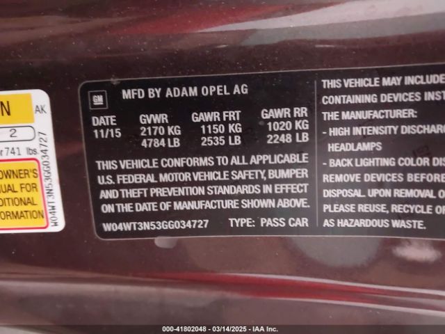 W04WT3N53GG034727 Buick Cascada Premium