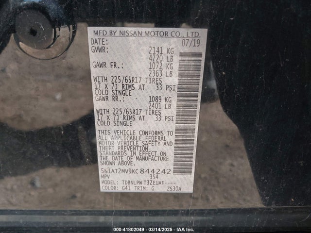 Nissan ROGUE S 2019 5N1AT2MV9KC844242 Image 9