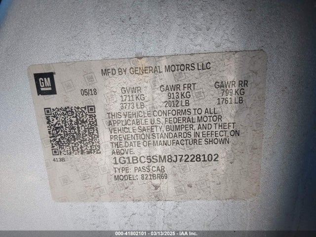 1G1BC5SM8J7228102 Chevrolet Cruze Ls Auto