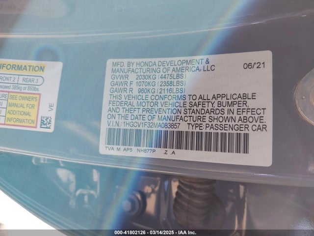 1HGCV1F32MA083857 Honda Accord Sport