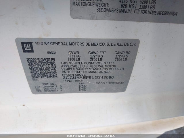 3GCUYAEF9LG343080 Chevrolet Silverado 1500 4wd  Short Bed Wt